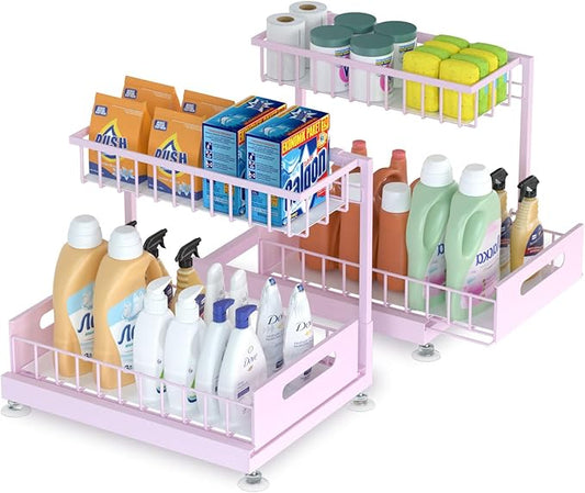 2 Pack Under Sink Organizer Storage 2-Tier Premium Metal Pull-Out Racks, Height Adjustable, Easy Installation | Kitchen & Bathroom Organizers
