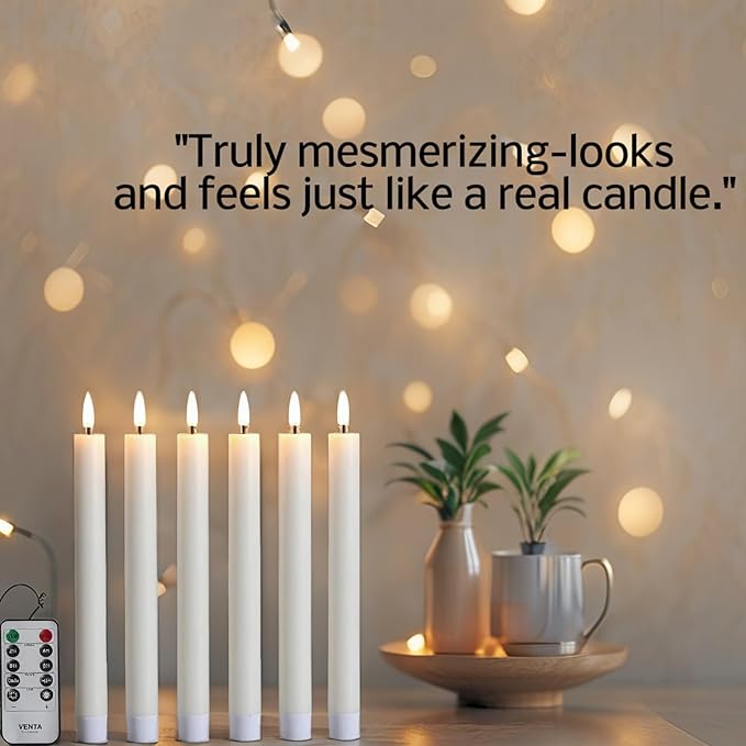 VENTA Set of 6 (10-Inch) Flameless Taper Candles with Remote | Realistic Flickering LED Dinner Candles with Timer | Perfect for Table Centerpieces, Weddings & Holiday Decor (Ivory)