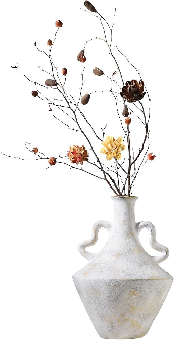 8.6 in Rustic Ceramic Farmhouse Vase with 2 Handles,Glazed Beige and Yellow Vintage Pottery Jar with Black Distressed Eroded Texture Finish,Boho for Home Decor,Tabletop,Mantel,or Living Room