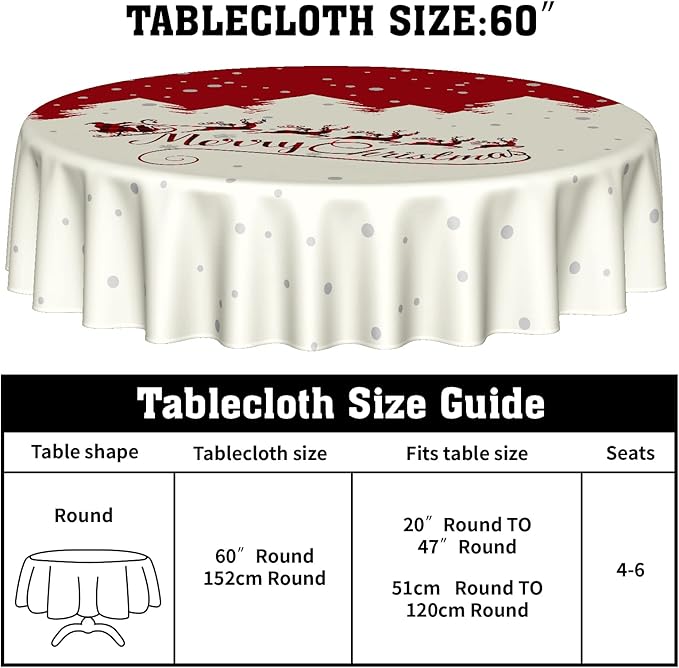 Kawani Merry Christmas Round Tablecloth in Red and Beige 60 inch Festivals Decor with Santa Claus and Elks Pattern Decorative Table Cloth for Winter Holiday Party Indoor and Outdoor Decorations