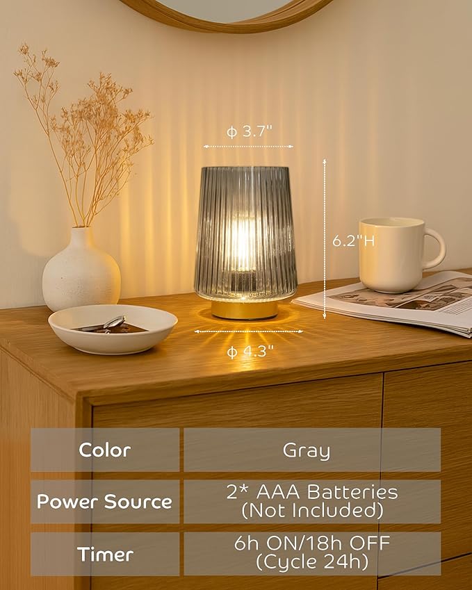Battery Operated Lamp with Timer, Small Cozy Table Lamp for Dorm Room, Aesthetic Cordless Bedside Battery Lamp for Living Room/Shelf/Office Desk/Side Table Grey