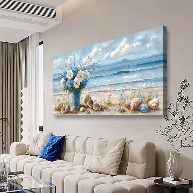 Ocean Waves Vase of Flowers Pictures Canvas Wall Art for Living room Office Bedroom Wall Decor Beach Sea Shell Wall Art Print Paintings Modern Abstract Scenery Artwork Ready to Hang-20x40inch