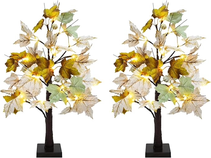 Uieke 2 Packs 24inch Artificial Lighted Fall Maple Tree 48 LED Fall Decor Table Lights with 6 White Pumpkins Battery Operated Timer, Fall Decorations or Home Thanksgiving Autumn Harvest (Green White)