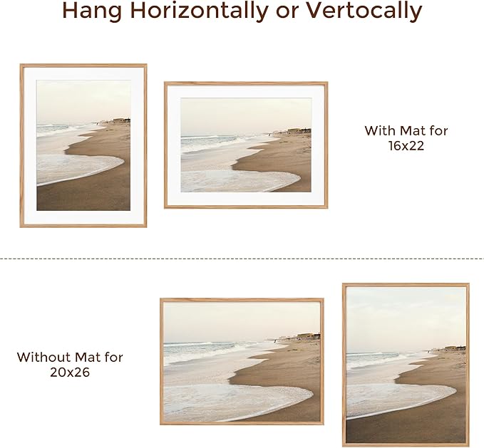 Fun Memories Rustic Solid Oak Wood Frame - 20x26 for Wall, Matted to 16x22 (Natural Oak Color, 1 Pack)