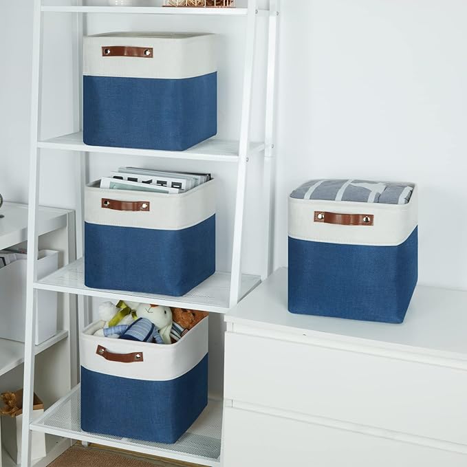 Temary Fabric Storage Cubes 11x11 Cube Storage Bins 4Pack Blue Storage Baskets for Organizing Home, Closet, Empty Gift Baskets with Handles (White&Blue)