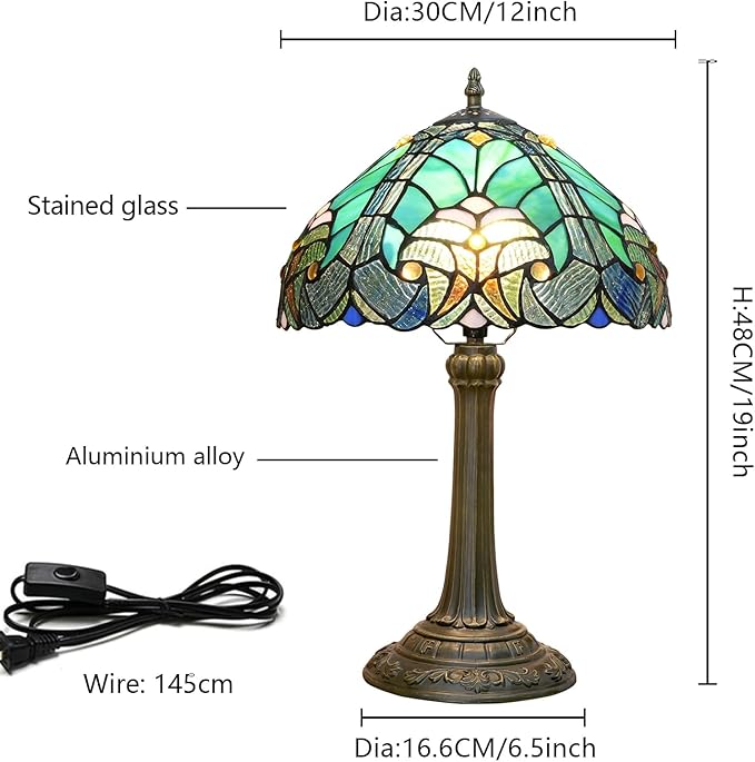 Tiffany Stained Glass Table Lamp, Retro-Style Blue Spot Bedside Lamp, Suitable for Home Decoration Art in Bedrooms, Dormitories, Living Rooms, Etc. (12 Inches)