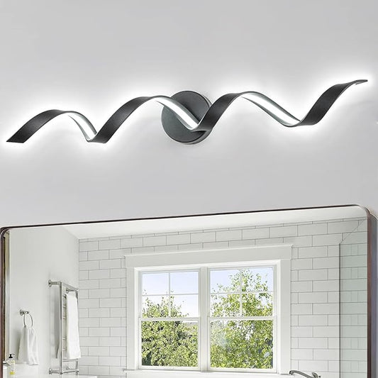Dimmable Modern LED Bathroom Vanity Lights 32 inch, 20W Spiral Design Black Wall Light Fixtures for Bathroom, Living Room and Hallway, 6000K White Light