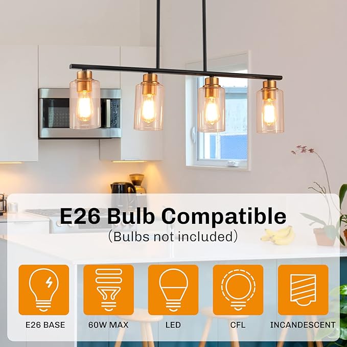 Kitchen Island Light, 4-Light Pendant Lighting, Farmhouse Industrial Dining Room Light Fixtures for Kitchen Island Dining Living Room, Matte Black Gold with Clear Glass Shade