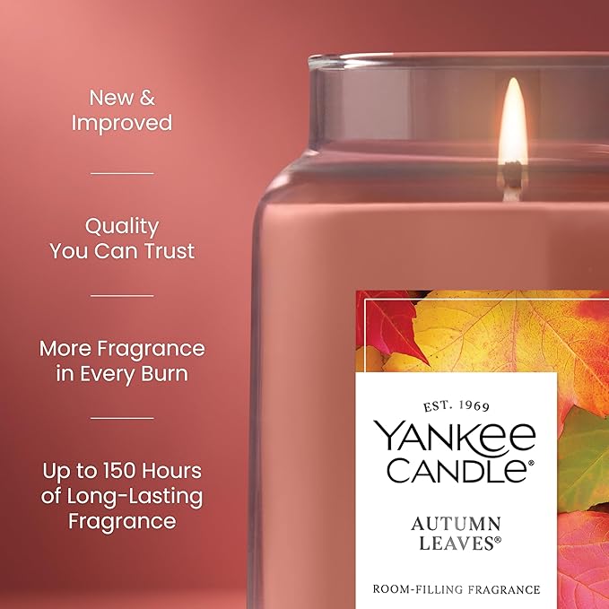 Yankee Candle Large Jar Scented Candle with up to 150 Hour Burn Time, Premium Plant Wax Blend for Consistent Burn, 22 oz Jar Candle with Room Filling Fragrance, Autumn Leaves