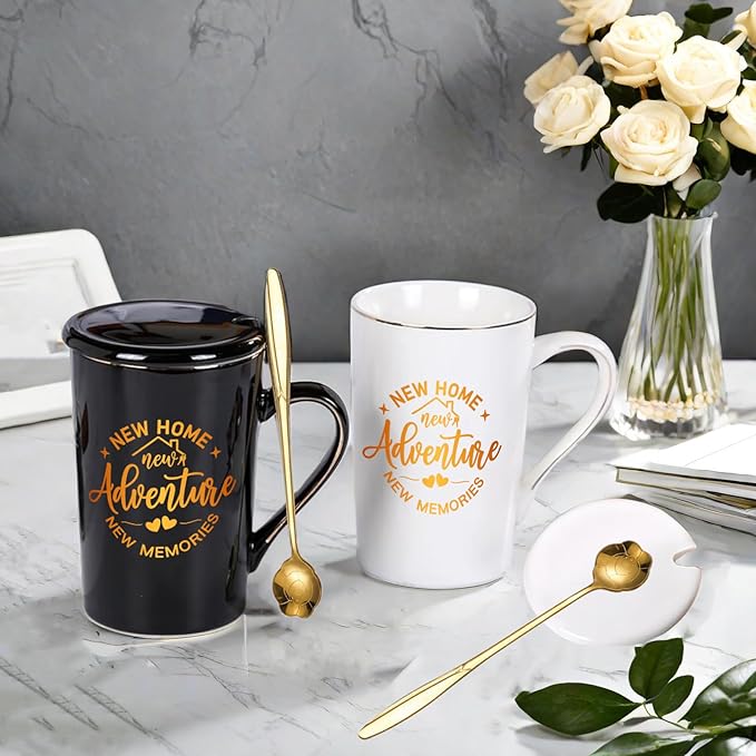 House Warming Gifts New Home Coffee Mug Set for Couple, Women, Friends, New Homeowner, Realtor, Welcome First Home Closing Gifts, 14oz Black and White Ceramic Cup
