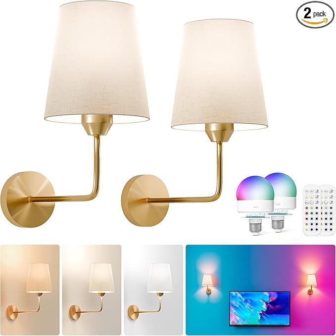 KINDEEP Wall Sconce Set of 2 Battery Operated, Rechargeable Wireless Dimmable Wall Light with RGB, Flash Mode, Remote Timer