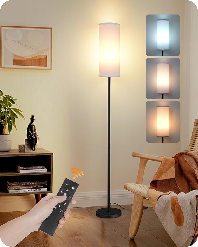 Dimmable Floor Lamp for Living Room with Remote and Foot Switch, Corner Floor Lamp, Modern Standing Tall Lamp, 10W 900LM LED Bulb Included, 3000K-6500K, Linen Shade, Weighted, FCC Listed CW06LD05W1