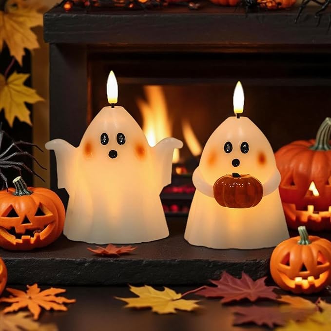 Eldnacele Halloween Ghost Flickering Flameless Candles with 6 Hour Timer, Battery Operated Tea Lights White Spooky Ghost Lights Wax Candles Indoor Fireplace Holiday Decorations Gifts(2Pcs, D3.5×H5)