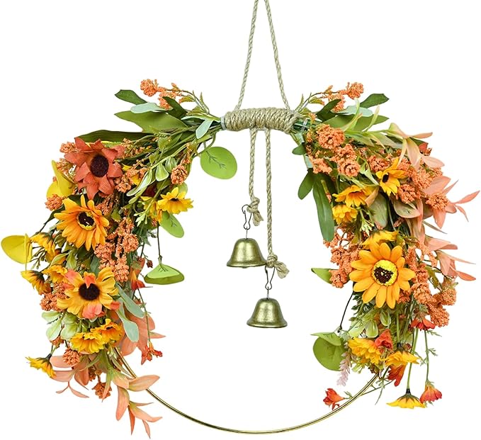 Fall Leaves Wreaths for Front Door Fall Half Wreath with Bell Artificial Falls Sunflowers Wreath with Mixed Leaves, Autumn Hoop Wreaths for Thanksgiving Window Home Wall Farmhouse Outdoor Indoor Décor