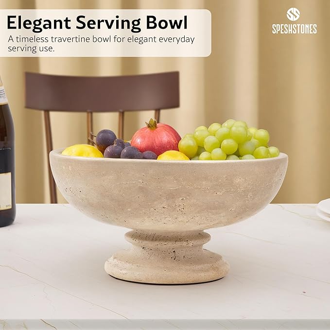 Marble Fruit Bowl 10 Inch Handmade Large Decorative Bowl for kitchen Counter - Modern Travertine Serving Dish for Fruits & Snacks - Pedestal Bowls for Dining Room & Coffee Table Decor