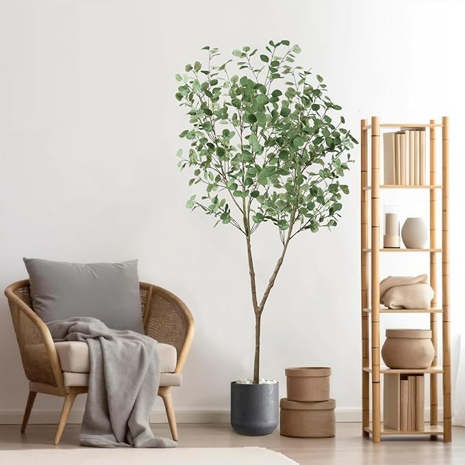 Faux Eucalyptus Tree 7ft(84in) Artificial Potted Tree for Indoor Decor Large Realistic Potted with Silk Leaves and Natural Wood Trunk for Home Living Room,Office Foyer,Porch Decor.