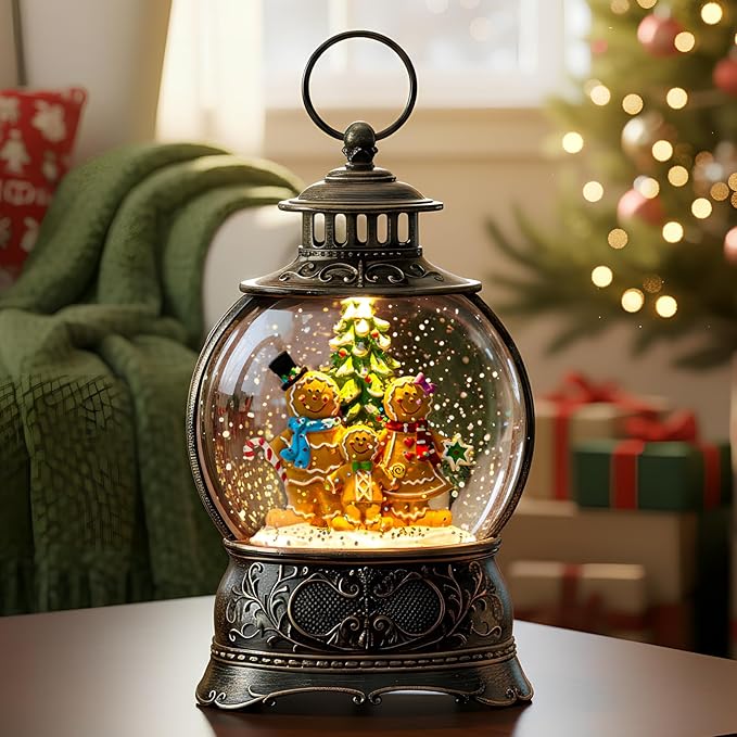Christmas Snow Globe Lighted Gingerbread Man Family Scene, Musical Snow Water Lantern Swirling Glittering Home Decoration and Gift, Battery Operated or USB Powered