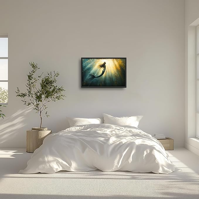 Olivine Mermaid Wall Art, Ocean Pictures Wall Decor, Coastal Painting, Marine Life Canvas Prints, Framed Artwork for Bathroom Bedroom Living Room Office Home Decoration 36"x24"