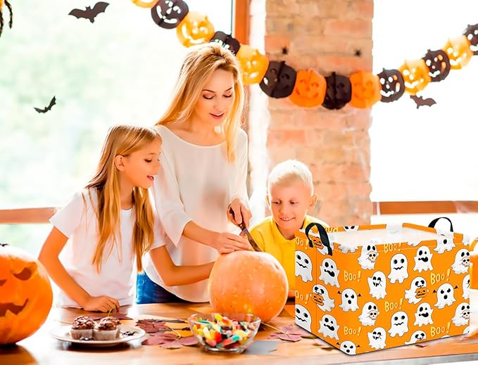 CLOCOR Rectangular Storage Basket Empty, Gift Basket for Halloween, Waterproof Storage Bin with Handles, Room Decor(Boo Ghosts)