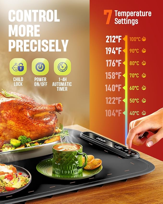 Food Warming Mat for Buffet, VEPOKA Food Warming Mats for Countertop, Silicone Heating Mat with 7 Temperature Levels& Auto Shut-Off, Food Warmers for Parties, Gatherings, Everyday Use