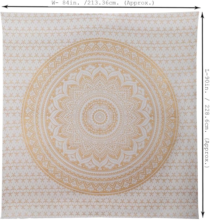 RAJRANG Golden Mandala Tapestry for Bedroom and Living Room Wall Hanging Cotton Tapestries Golden and White Ombre 90x84 Inches