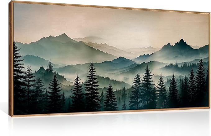 HPNIUB Large Green Mountain Framed Canvas Wall Art,Foggy Forest Wall Decor,Modern Watercolor Boho Pine Tree Wall Painting,Nature Mountains Landscape Art Print for Living Room,Bedroom,Office-20 x40