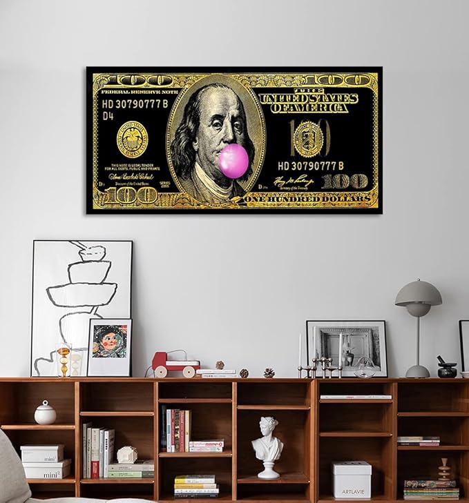Black Golden Inspirational Office Canvas Art Benjamin Franklin 100 USD Dollar Funny Pop Wall Art Abstract Creative Money Artwork Gift Choice for Men Workplace Gym Decor Framed Easy to Hang-40 Wx20 H
