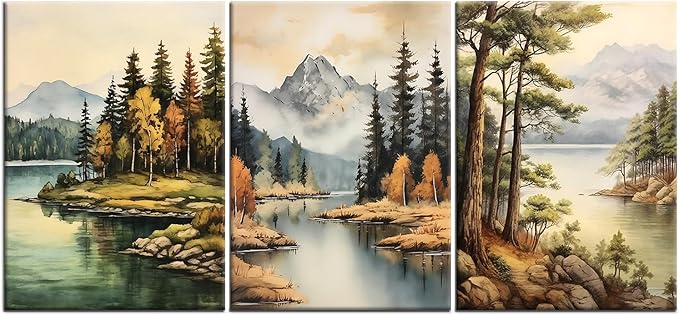 3 Pieces Forest Canvas Wall Art Home Decor Posters Print Mountain Trees Lake Beautiful Autumn Landscape HD Picture Painting Artwork for Living Room Hotel Workplace Stretched and Framed [60''Wx28''H]