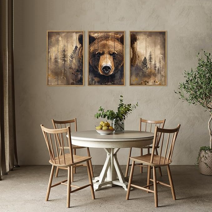 ANHUIB Brown Bear Wall Art 16x24 Inch Forest Paintings Rustic Wildlife Wall Decor Set of 3 for Living Room Bedroom Dining Room