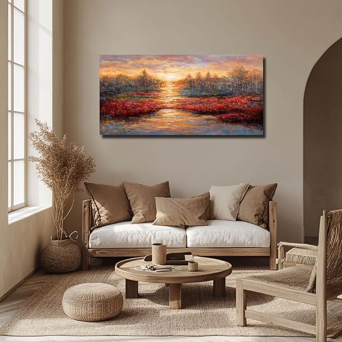 GAIDUOMAI Sunset Glow Pictures Gold and Red Canvas Painting Textured Wall Art for Office 24"x48" Nature Wall Prints for Hotel Master Bedroom Wall Decor