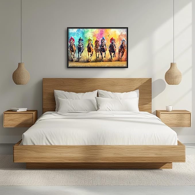 Framed Large Wall Art for Living Room, Horse Racing Canvas Wall Decor, Large Horse Picture Framed Painting, Modern Artwork for Bedroom Office 36L'' × 24W''