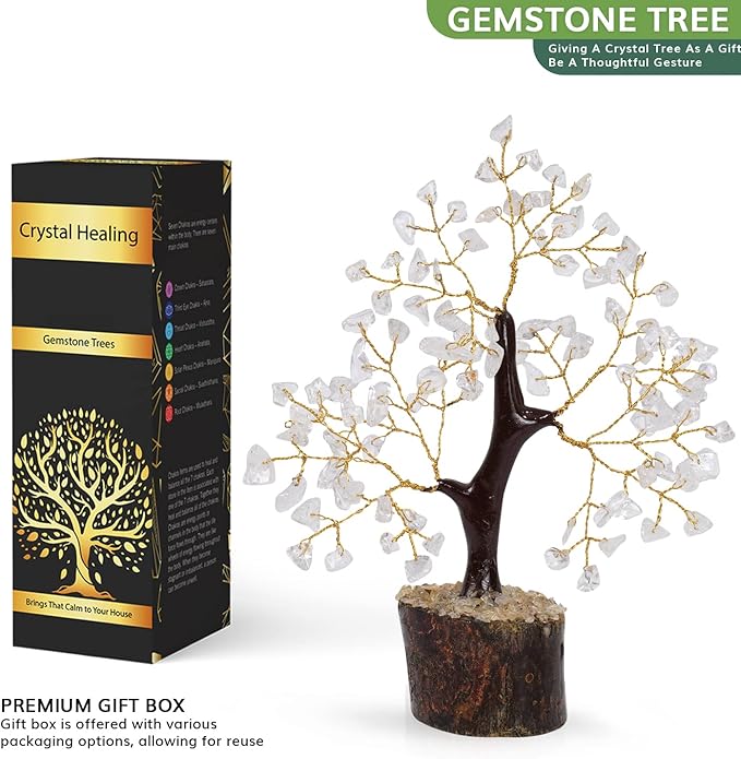 NARIBABU Clear Quartz Crystal Tree (7–8 Inch, 100 Chips) – Handmade Gemstone Bonsai for Clarity & Decor – Birthday Gifts for Women, Gift for Her, Spiritual Gift, Office Desk Decor