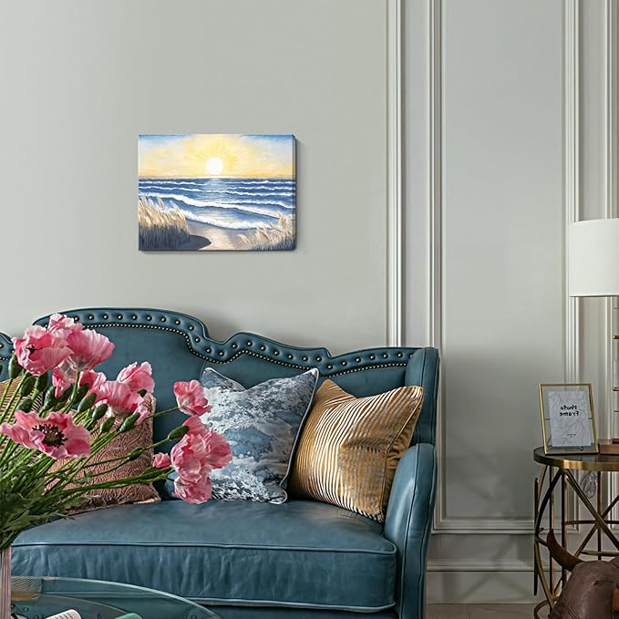 Bathroom Decor Wall Art Beach Sunset Blue Ocean Waves Nature Pictures Coastal Reeds Canvas Print Seaside Landscape Seashore Botanical Painting Seascape Artwork for Home Sea Lake Bedroom 12x16inch