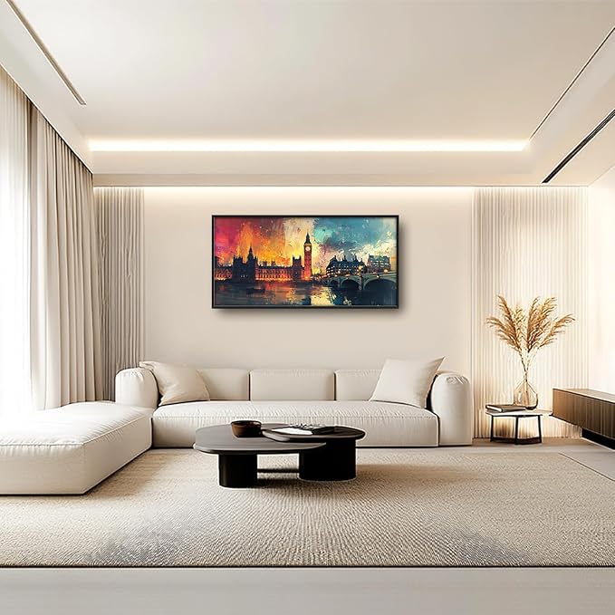 London Big Ben Framed Wall Art for Living Room, Large Cityscape Canvas Wall Decor, Bridge Pictures Painting, Natural Landscape Modern Artwork for Bathroom Bedroom 60L'' × 30W''