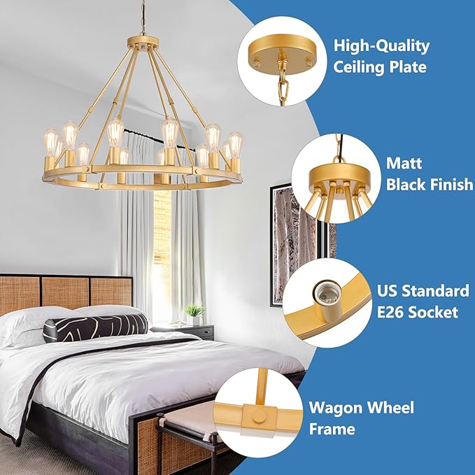 9MMML Gold Wagon Wheel Chandelier, 12-Light Industrial Pendant Light, 31.5'' Farmhouse Ceiling Hanging Chandelier Light Fixture for Living Room, Bedroom, Entryway, Foyer