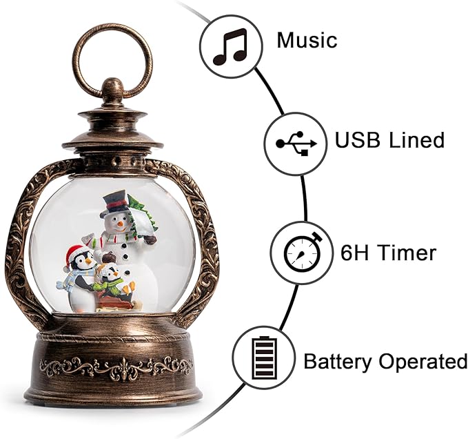 Christmas Snow Globe Lantern Water Glittering Snowman & Penguins with Music & Timer, USB Lined/Battery Operated Lighted Lantern for Christmas Festival Decoration Gifts
