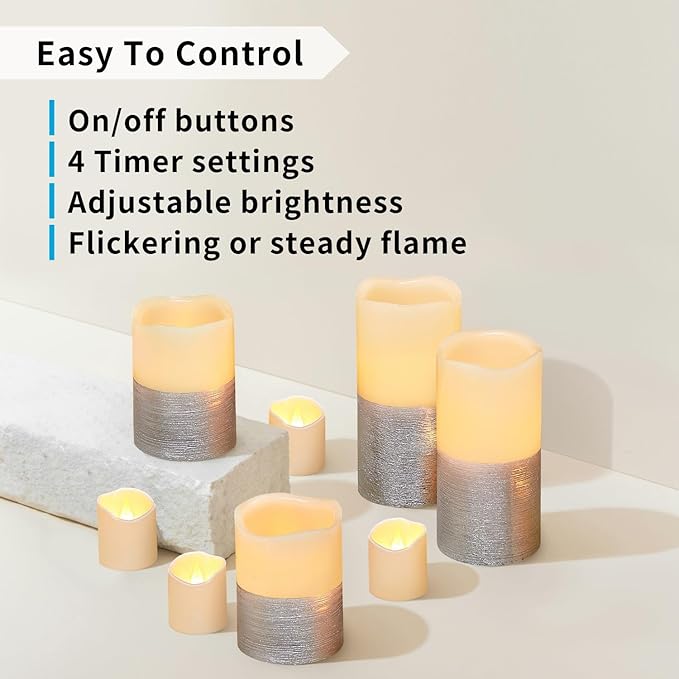 FURORA LIGHTING Silver Real Wax Trim Candles with Remote and Timer Pack of 8, LED Flameless Flickering Candles for Home Décor, Battery Included
