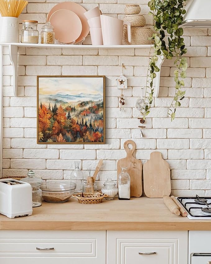 InSimSea Square Framed Canvas Wall Art, Autumn Prints Classical Landscape Pine Forest In The Morning Mist, Fall Home Wall Decor for Living Room, Bedroom, Bathroom, Office 12"x12"