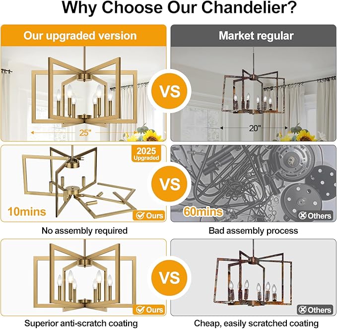 25" Modern Brass Chandelier for Dining Room (6-Light, 25-Inch), Geometric Brass Dining Room Light Fixture Over Table, Industrial Metal Hanging Pendant Lights for Kitchen Island, Entryway, Foyer