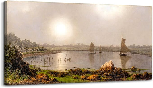 crmotu Large Canvas Wall Art, Harbor Landscape Vintage Art Prints, Coastal Sun Sailboat Scenery Nature Pictures, Retro Nautical Paintings Wall Decor Living Room Bedroom Bathroom Office Decor 20"X40"