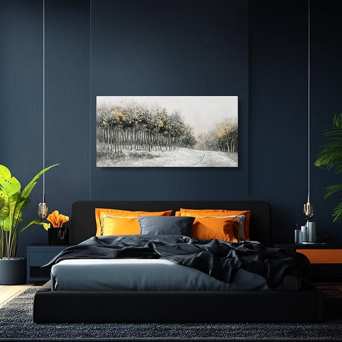 CHUDANHAO Minimalist Wall Art Grey and White Forest Wall Decor Gold Foil Artwork for Walls Nature Posters for Kitchen Dining Room 24x48 Inch