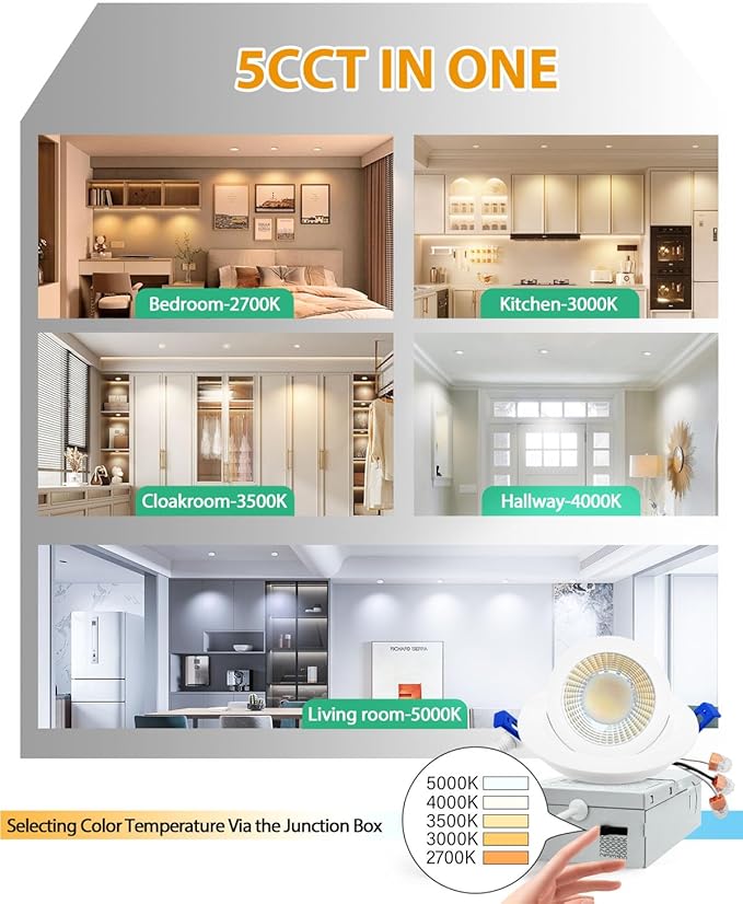 zouzai 5CCT LED Gimbal Led Recessed Light with Junction Box, 360°+90° Adjustable Directional Eyeball Lighting, Dimmable, 2700K/3000K/3500K/4000K/5000K,ETL&Energy Star (White 1 Pack, 3 inch)