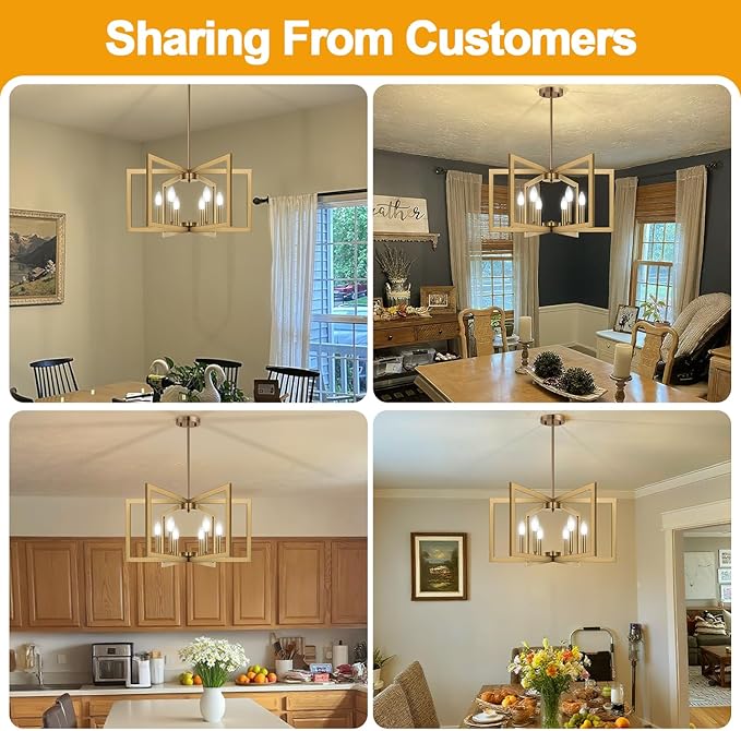 25" Modern Brass Chandelier for Dining Room (6-Light, 25-Inch), Geometric Brass Dining Room Light Fixture Over Table, Industrial Metal Hanging Pendant Lights for Kitchen Island, Entryway, Foyer