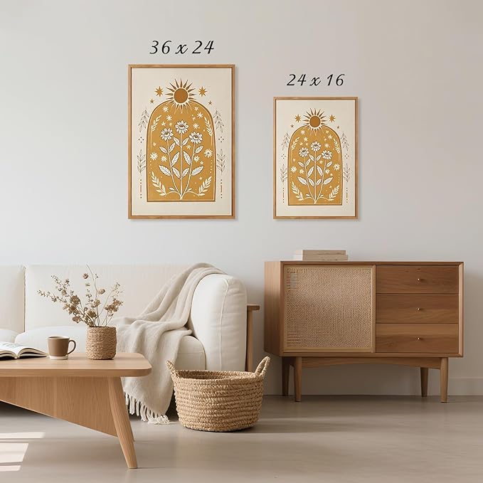 CHDITB Bohemian Sun Floral Framed Canvas Wall Art Set, Mystical Nature Wall Decor, Celestial Sun Art Prints, Vintage India Posters For Wall Modern Art Sunroom Living Room Office Art Prints 24"x36"x3