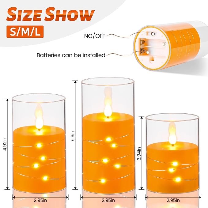 Da by Flickering Flameless Candles with Remote,Acrylic LED Candles with Embedded Star String,Battery Operated Candle, for Home and Holiday Decoration Set of 3（Orange）