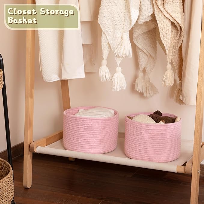 OIAHOMY Small Storage Baskets for Organizing,Closet Cube Shelf Storage, 9.8”×9.8”×7.1”, Woven Cotton Rope Gift Baskets for Nursery,Cute Dog Toy bins, Round 3 Packs, Pink