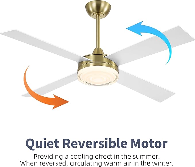 WINGBO 52 Inch Ceiling Fan with Lights and Remote, 3CCT, Modern Ceiling Fan with Ripple Glass Shade, 6-Speed Reversible DC Motor for Bedroom Living Room Kitchen Hallway, Brass and White