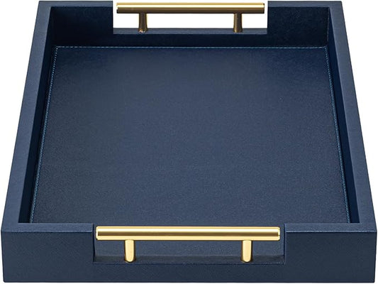 Navy Blue Faux Leather Serving Tray with Handles – Large Decorative Tray for Coffee Table, Ottoman, Living Room, Bathroom – Home Decor