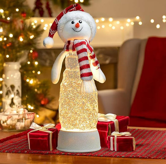 Christmas Snowman Decorations, Lighted Snowman Plush Swirling Glitter Musical Christmas Snow Globe Water Lantern for Table Mantel Desk Fireplace Home Holiday Decor