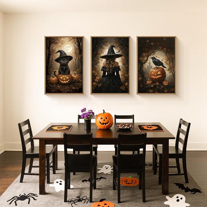 HOURIA Large Halloween Spooky Witch Black Cat Raven Framed Canvas Wall Art Set,Witchy Hat Pumpkin Wall Decor,Full Moon Autumn Forest Artwork,Dark Castle Art Prints for Living Room, Bedroom-16 x24 x3